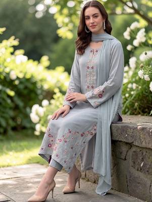 Women Floral Regular Thread Work Chanderi Silk Kurta with Trousers & With Dupatta 2