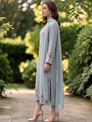 Women Floral Regular Thread Work Chanderi Silk Kurta with Trousers & With Dupatta 5
