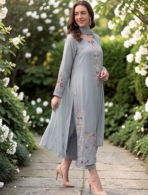 Women Floral Regular Thread Work Chanderi Silk Kurta with Trousers & With Dupatta 6