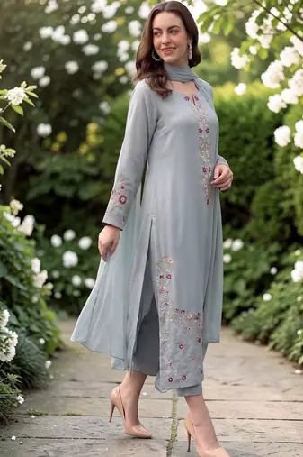 Women Floral Regular Thread Work Chanderi Silk Kurta with Trousers & With Dupatta