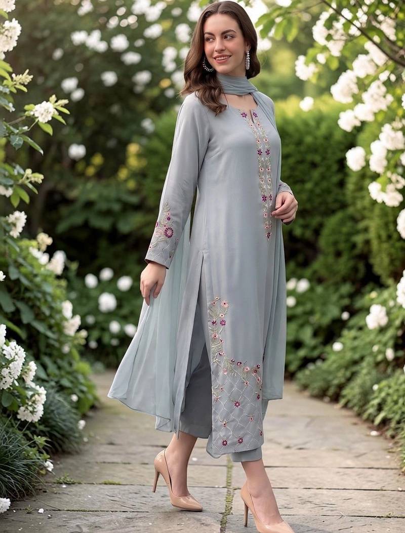 Women Floral Regular Thread Work Chanderi Silk Kurta with Trousers & With Dupatta