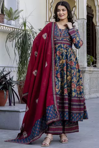Women Floral Printed Cotton Kurta with Palazzo & Dupatta