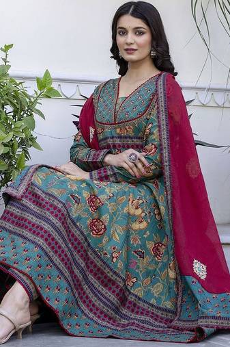Women Ethnic Printed Layered Pure Cotton Kurta with Palazzos & With Dupatta