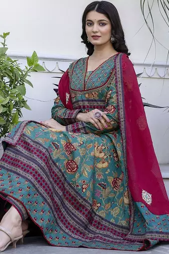 Women Ethnic Printed Layered Pure Cotton Kurta with Palazzos & With Dupatta