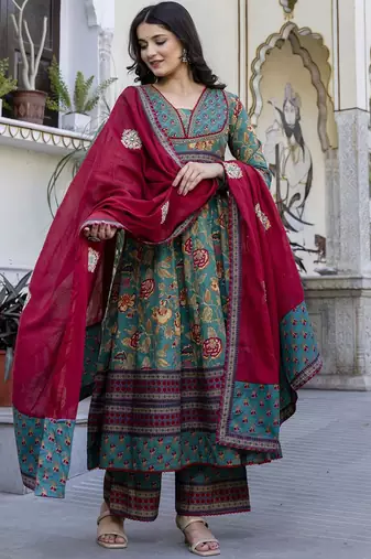 Women Ethnic Printed Layered Pure Cotton Kurta with Palazzos & With Dupatta