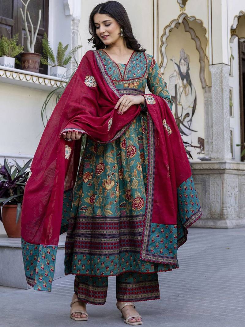Women Ethnic Printed Layered Pure Cotton Kurta with Palazzos & With Dupatta