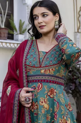 Women Ethnic Printed Layered Pure Cotton Kurta with Palazzos & With Dupatta