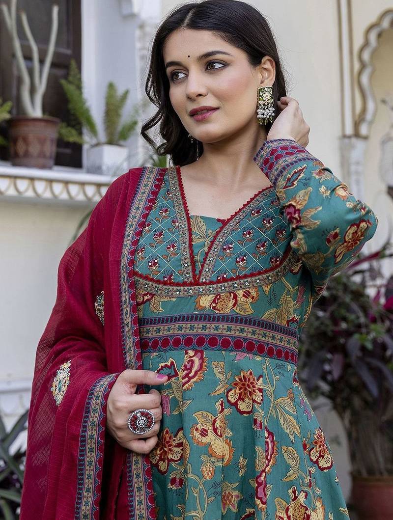 Women Ethnic Printed Layered Pure Cotton Kurta with Palazzos & With Dupatta
