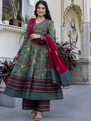 Women Ethnic Printed Layered Pure Cotton Kurta with Palazzos & With Dupatta 4