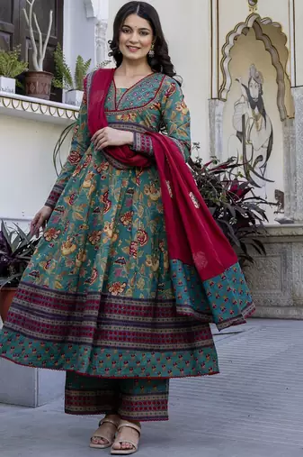 Women Ethnic Printed Layered Pure Cotton Kurta with Palazzos & With Dupatta
