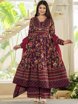Floral Printed Layered Pure Cotton Festive Kurta With Palazzos & Dupatta 1