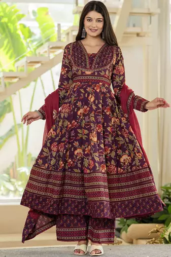 Floral Printed Layered Pure Cotton Festive Kurta With Palazzos & Dupatta