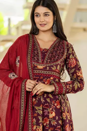 Floral Printed Layered Pure Cotton Festive Kurta With Palazzos & Dupatta