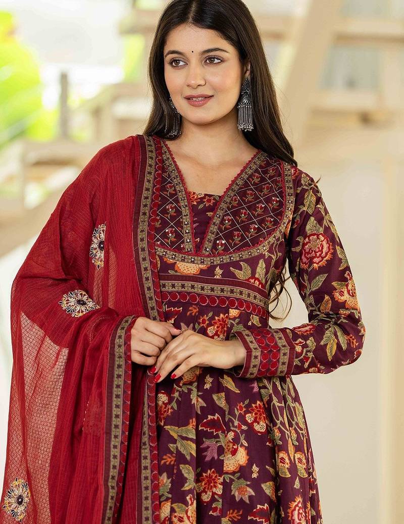 Floral Printed Layered Pure Cotton Festive Kurta With Palazzos & Dupatta