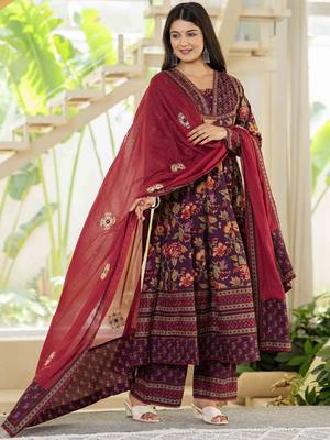 Floral Printed Layered Pure Cotton Festive Kurta With Palazzos & Dupatta 3