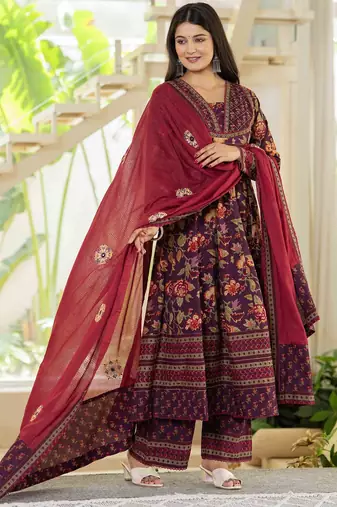 Floral Printed Layered Pure Cotton Festive Kurta With Palazzos & Dupatta