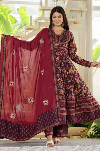 Floral Printed Layered Pure Cotton Festive Kurta With Palazzos & Dupatta