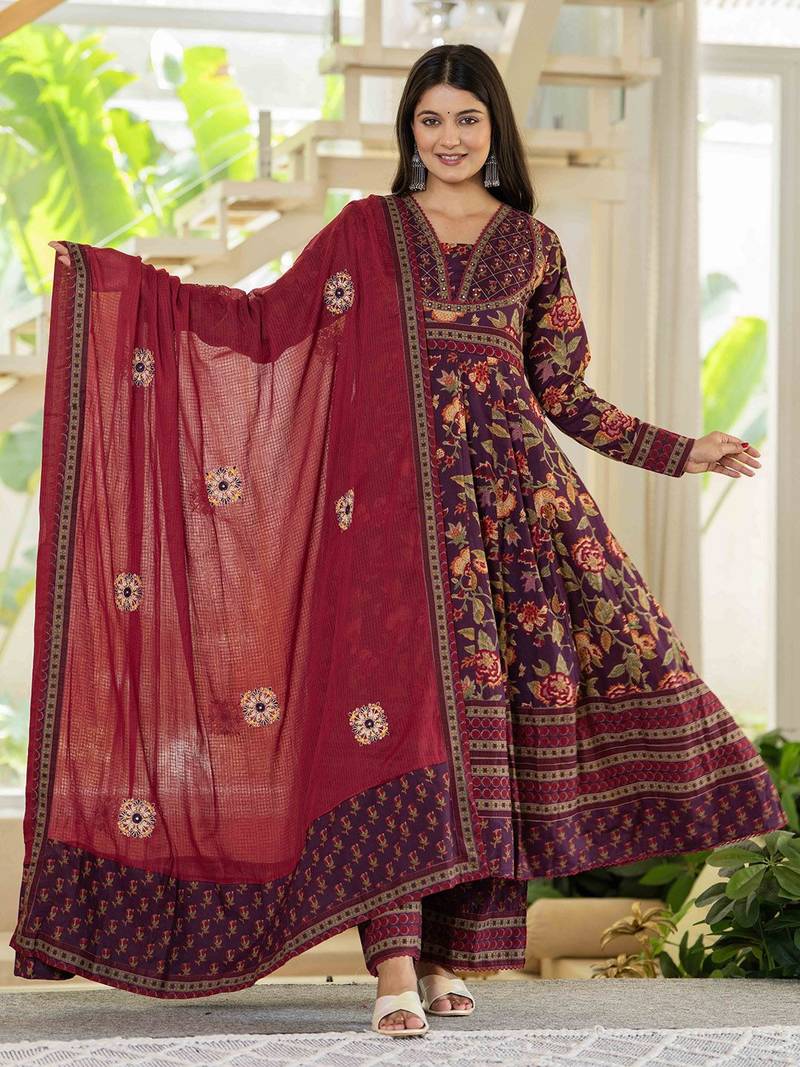 Floral Printed Layered Pure Cotton Festive Kurta With Palazzos & Dupatta