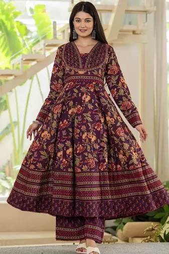 Floral Printed Layered Pure Cotton Festive Kurta With Palazzos & Dupatta