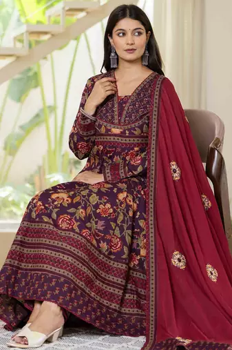 Floral Printed Layered Pure Cotton Festive Kurta With Palazzos & Dupatta