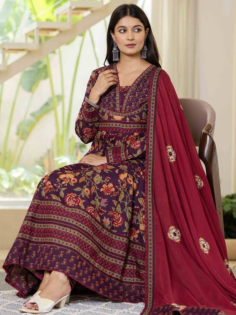 Floral Printed Layered Pure Cotton Festive Kurta With Palazzos & Dupatta
