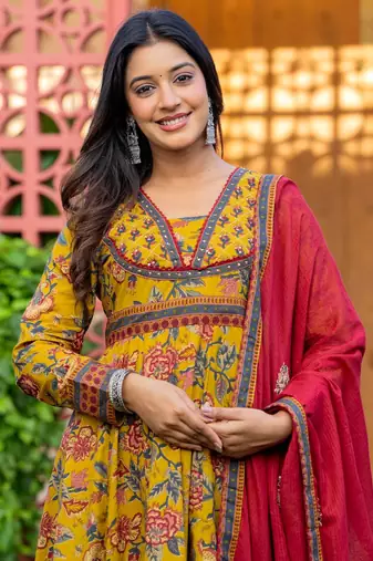 Women Floral Printed Cotton Anarkali Kurta with Trousers & Dupatta
