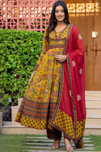 Women Floral Printed Cotton Anarkali Kurta with Trousers & Dupatta