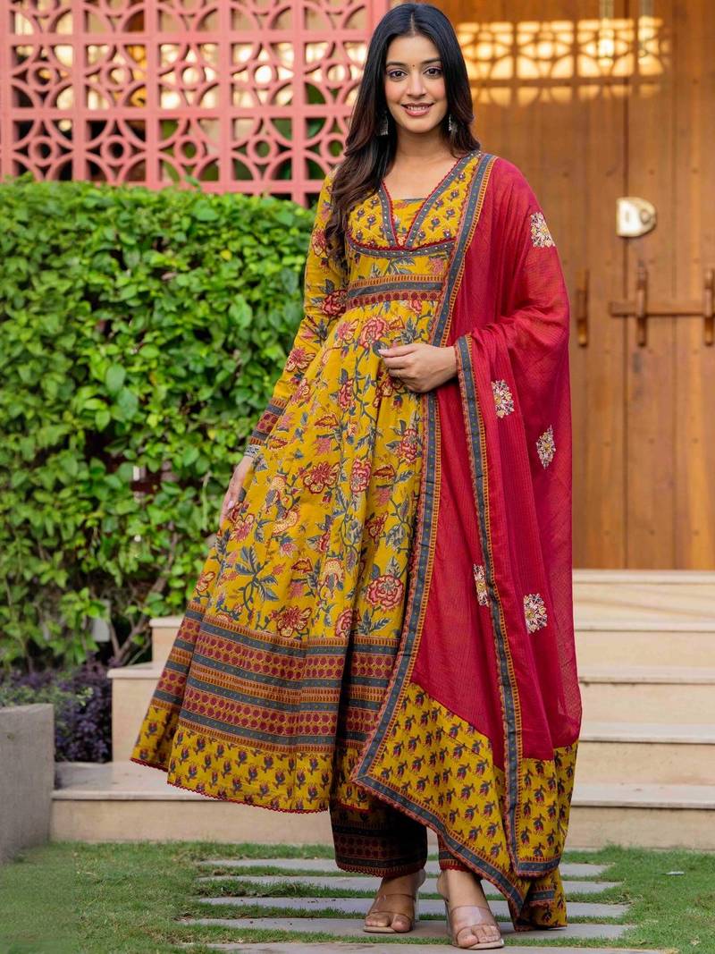 Women Floral Printed Cotton Anarkali Kurta with Trousers & Dupatta