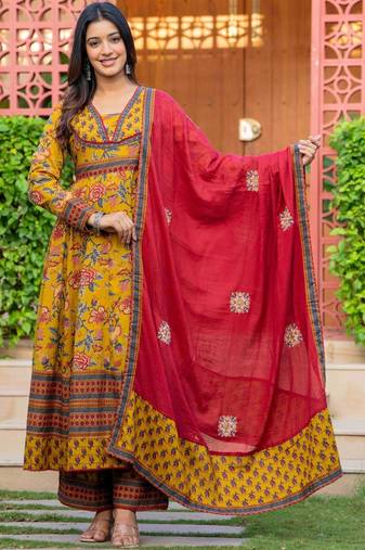 Women Floral Printed Cotton Anarkali Kurta with Trousers & Dupatta