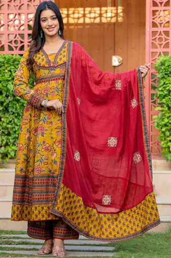 Women Floral Printed Cotton Anarkali Kurta with Trousers & Dupatta
