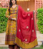 Women Floral Printed Cotton Anarkali Kurta with Trousers & Dupatta