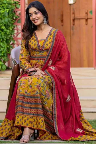 Women Floral Printed Cotton Anarkali Kurta with Trousers & Dupatta
