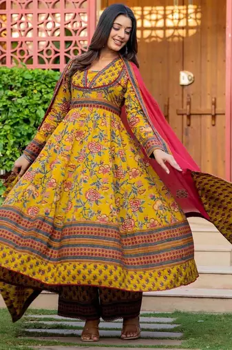 Women Floral Printed Cotton Anarkali Kurta with Trousers & Dupatta