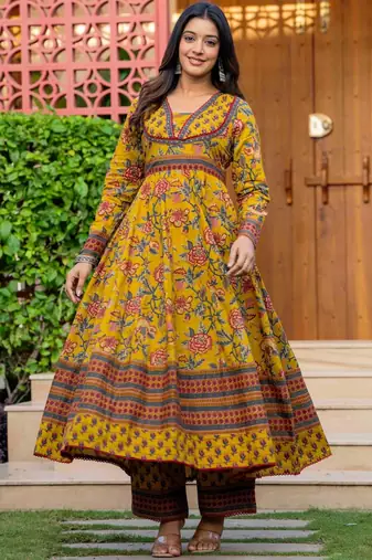Women Floral Printed Cotton Anarkali Kurta with Trousers & Dupatta
