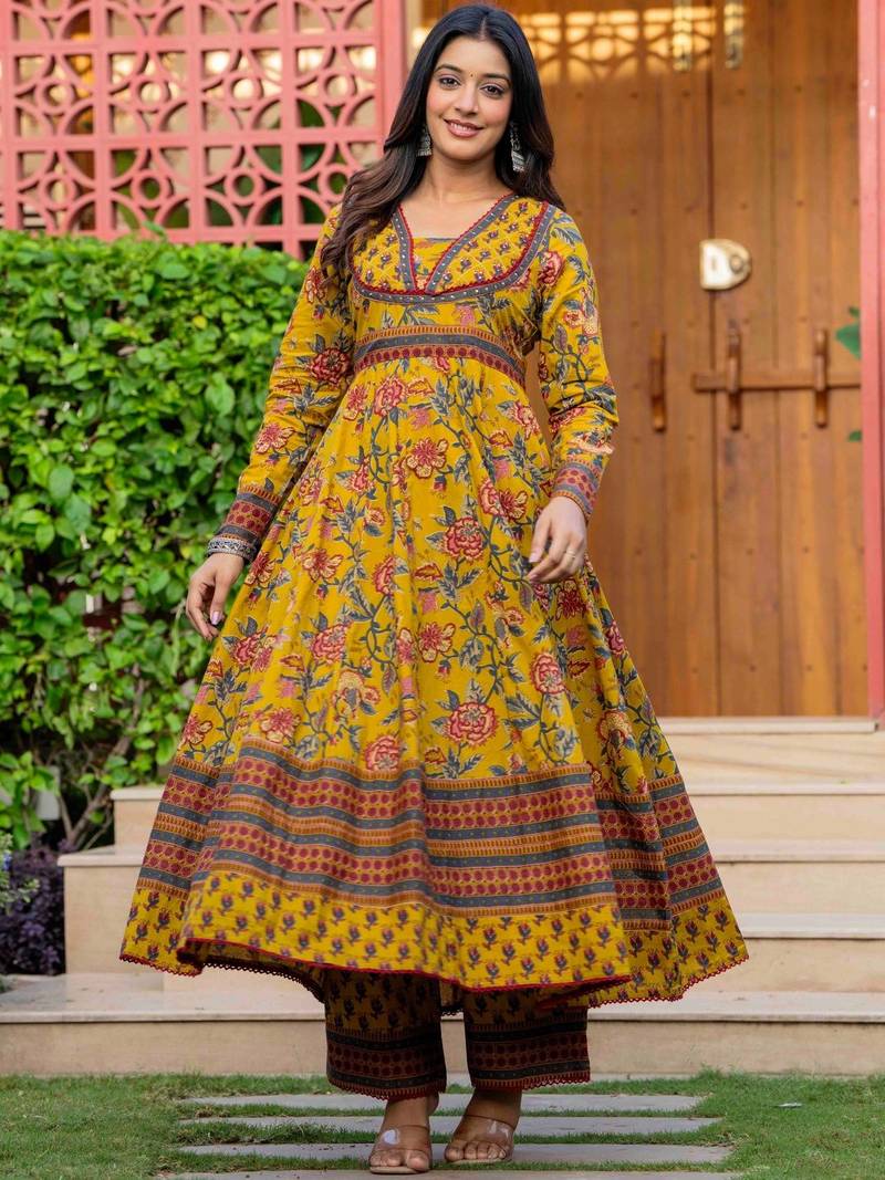 Women Floral Printed Cotton Anarkali Kurta with Trousers & Dupatta