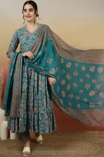 Women Floral Printed Angrakha Kurta with Palazzos & With Dupatta