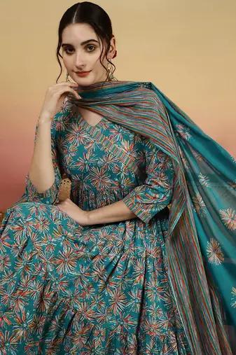 Women Floral Printed Angrakha Kurta with Palazzos & With Dupatta