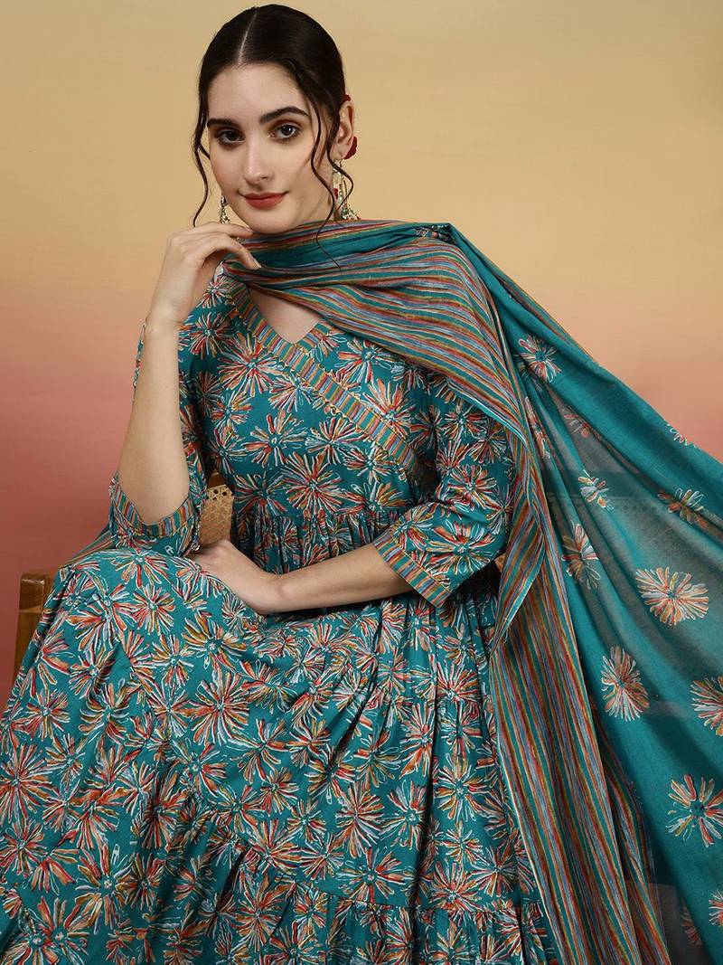 Women Floral Printed Angrakha Kurta with Palazzos & With Dupatta