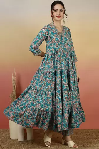 Women Floral Printed Angrakha Kurta with Palazzos & With Dupatta
