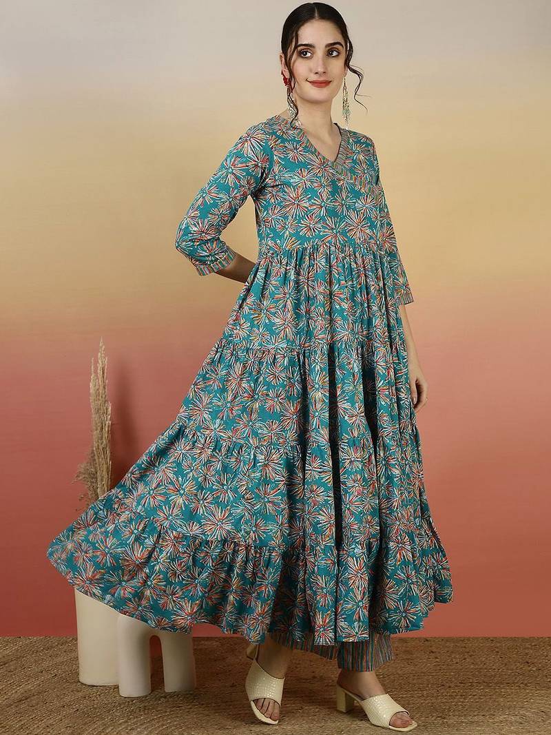 Women Floral Printed Angrakha Kurta with Palazzos & With Dupatta