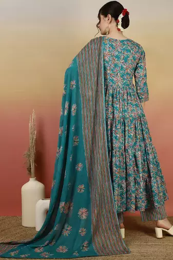 Women Floral Printed Angrakha Kurta with Palazzos & With Dupatta