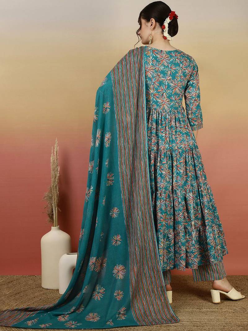 Women Floral Printed Angrakha Kurta with Palazzos & With Dupatta