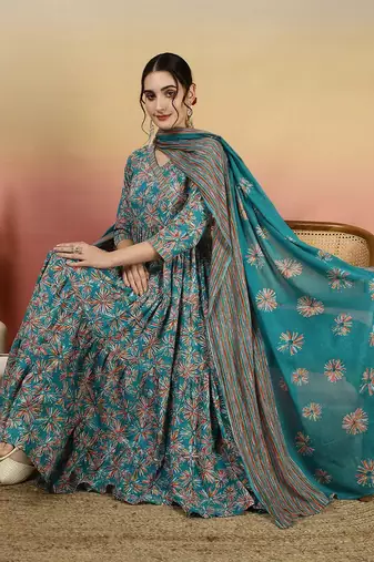 Women Floral Printed Angrakha Kurta with Palazzos & With Dupatta