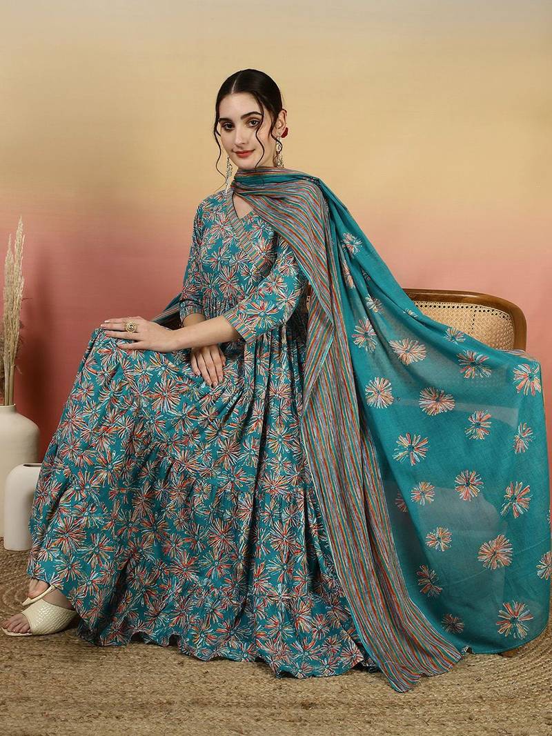 Women Floral Printed Angrakha Kurta with Palazzos & With Dupatta