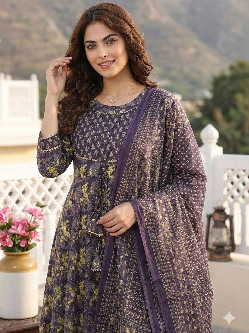 Women Floral Printed Regular Gotta Patti Pure Cotton Kurta with Trousers & With Dupatta