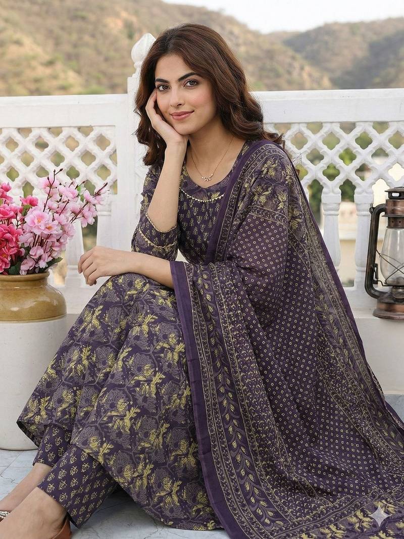 Women Floral Printed Regular Gotta Patti Pure Cotton Kurta with Trousers & With Dupatta