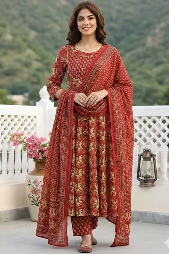 Women Floral Printed Empire Pure Cotton Kurta with Trousers & With Dupatta
