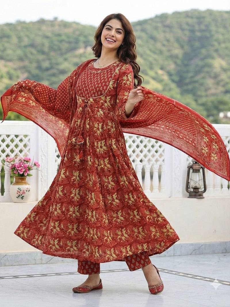 Women Floral Printed Empire Pure Cotton Kurta with Trousers & With Dupatta
