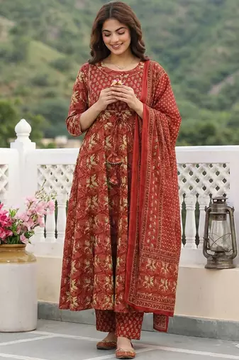 Women Floral Printed Empire Pure Cotton Kurta with Trousers & With Dupatta