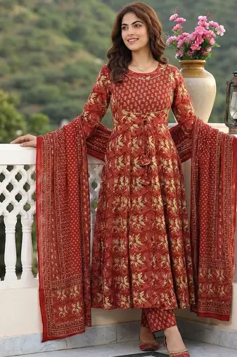 Women Floral Printed Empire Pure Cotton Kurta with Trousers & With Dupatta